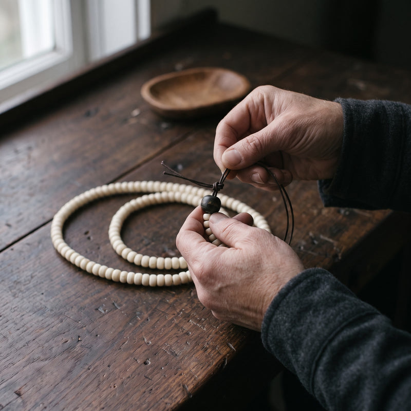 Hands pulling a knot tight above the guru bead of a bone bead mala on a wooden workbench
