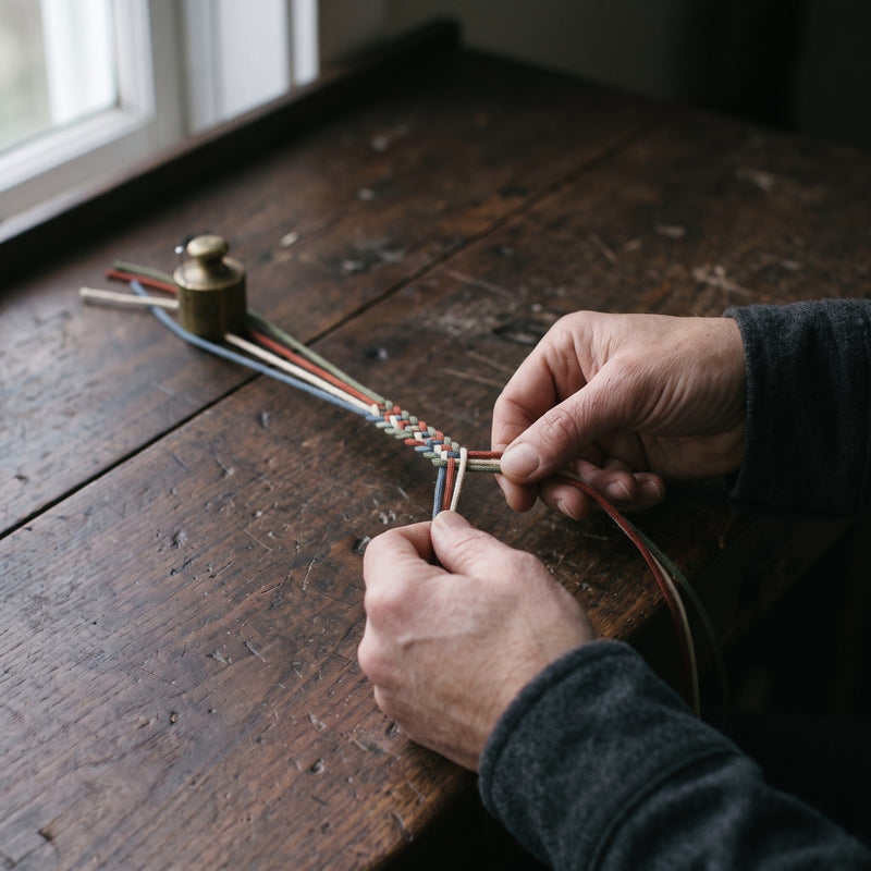 Hands braiding blue, white, red and green cords held under a small brass weight on a workbench