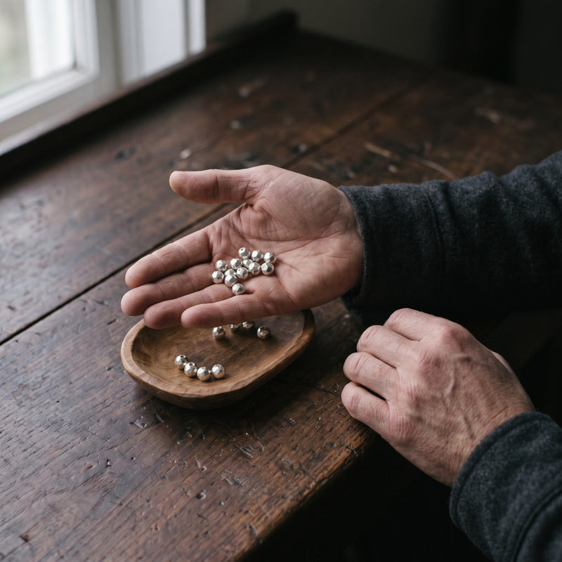 An open palm holding small hammered silver beads above a wooden tray of the same beads