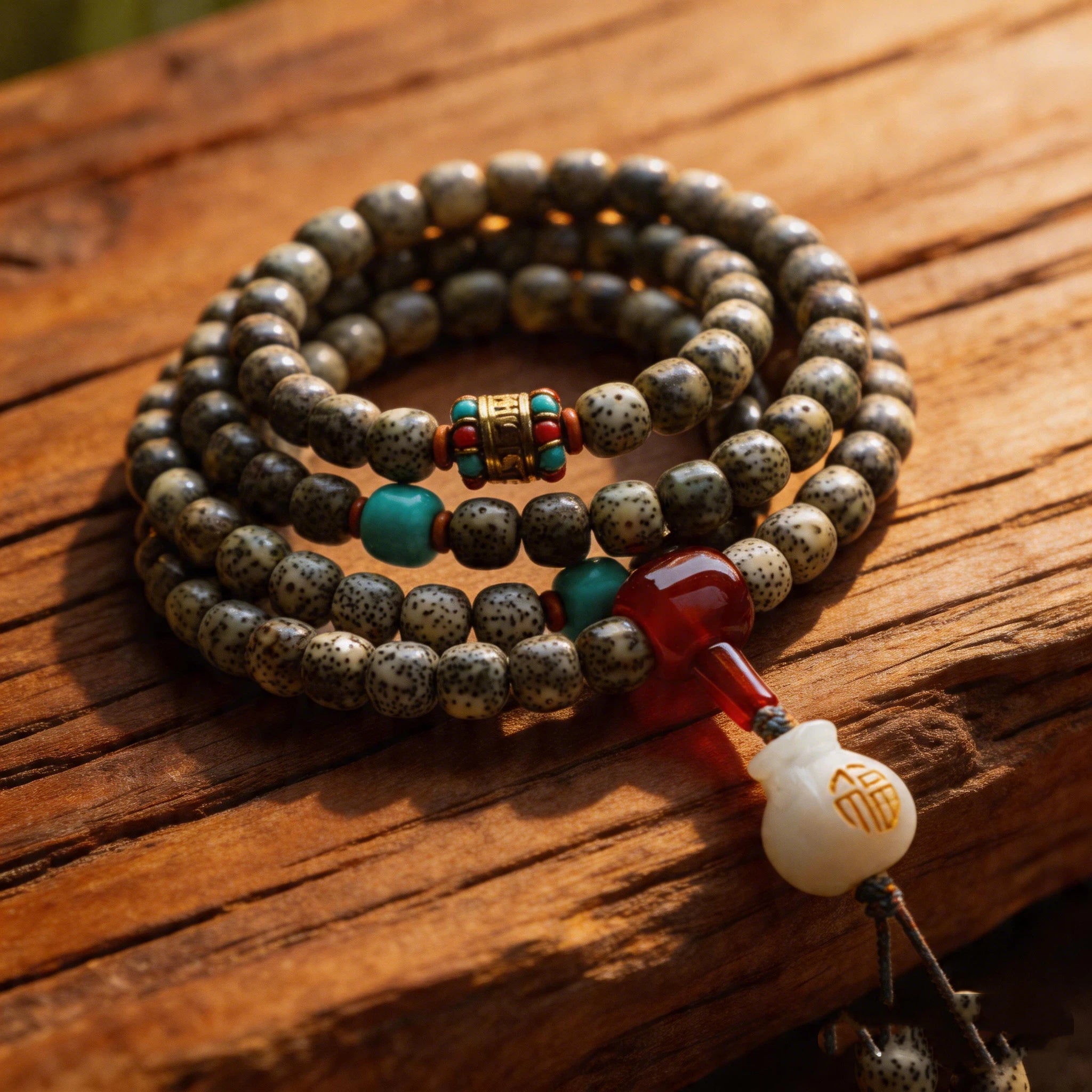 Starry Moon & Jade Soul" Hainan Star-Moon Bodhi 108 Mala | 10×9 Barrel Beads Aged Seed, Tibetan Handcrafted Mala for Inner Peace & Blessing