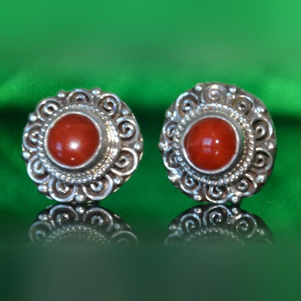 Supplier photo of the pair of red stone cloud-scroll stud earrings